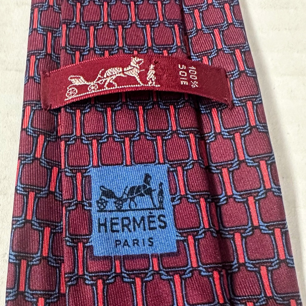 Hermès Silk Tie Luxury Burgundy, Red & Blue Equestrian Geometric Print Silk Tie - Picture 8 of 8